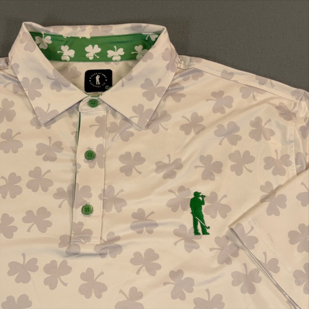 U Suck At Golf Mens XL Shamrock Print Performance Polo Shirt White Green